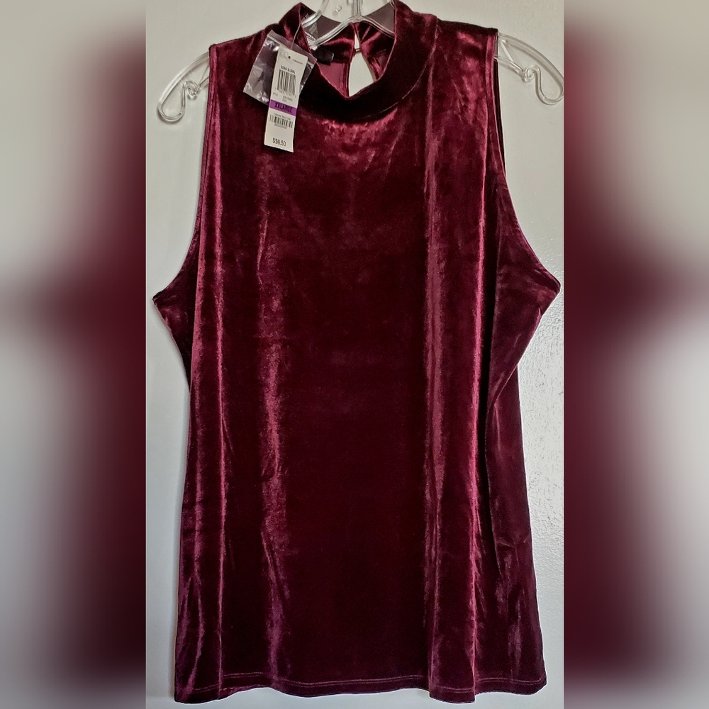 INC Women's Elegant Velour Sleeveless Top With High Neck - Rich Burgundy